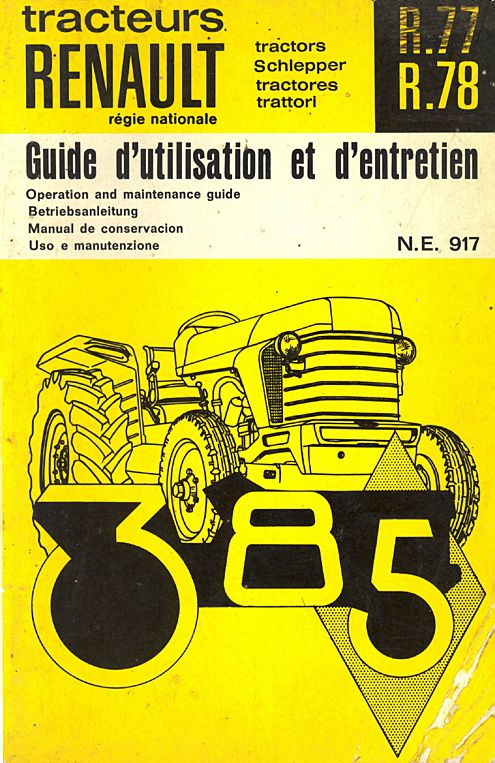 Première page de la revue technique - Guide d'utilisation et d'entretien M.R. 77 pour les tracteurs 385