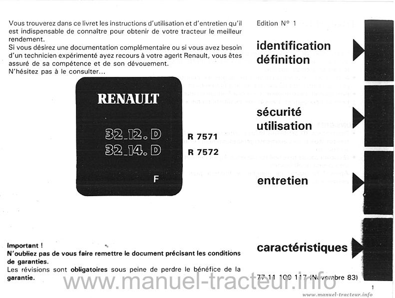 Page 1 du sommaire - Guide d'entretien RENAULT 32-12 32-14 D