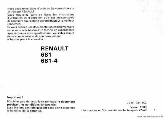Page 1 du sommaire - Guide d'utilisation et d'entretien des tracteurs RENAULT 681 681.4