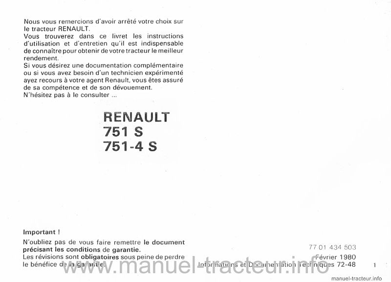 Deuxième page du Guide entretien RENAULT 751 751-4 S