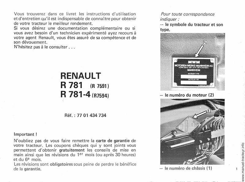 Page 1 du sommaire - Livret d'utilisation et d'entretien des tracteurs RENAULT 781 781.4