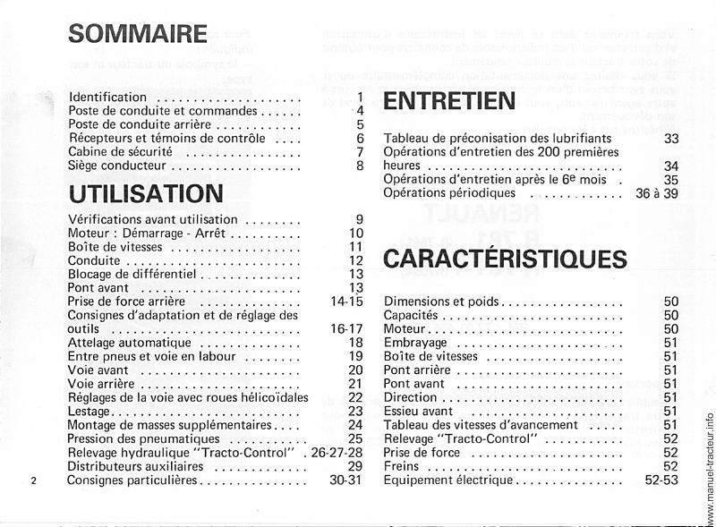 Page 2 du manuel d'atelier - Livret d'utilisation et d'entretien des tracteurs RENAULT 781 781.4
