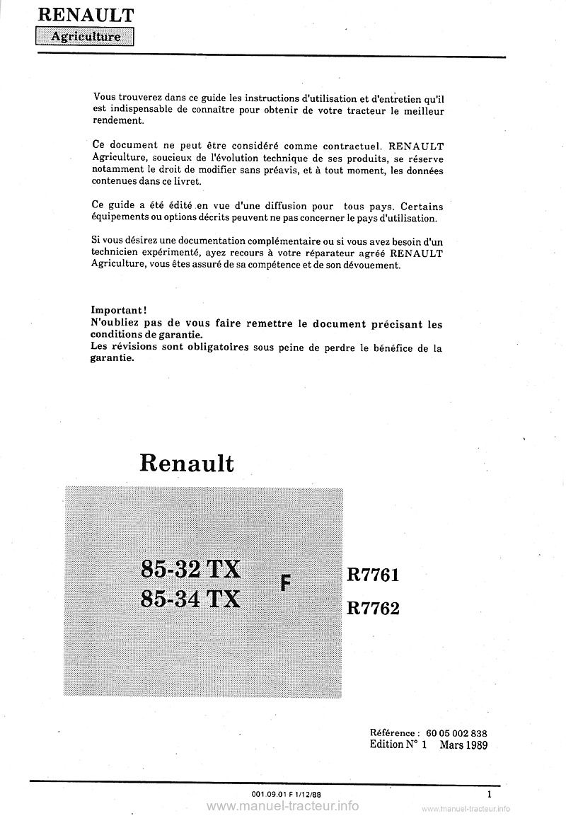 Première page du Guide entretien RENAULT 85.32TX 85.34TX