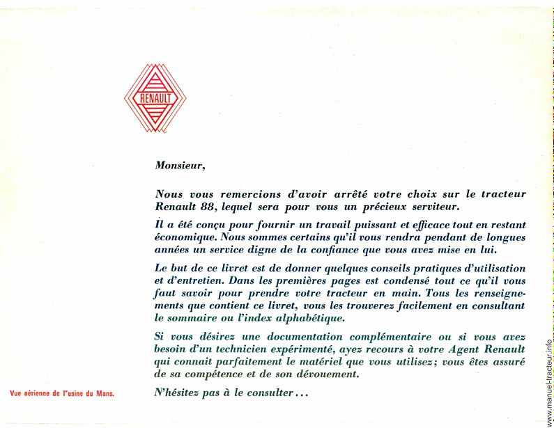 Page 2 du manuel d'atelier - Guide d'utilisation et d'entretien pour le RENAULT 88