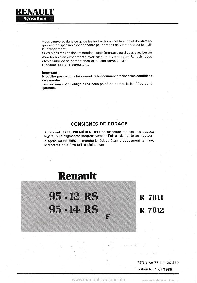 Première page du Guide entretien RENAULT 95.12 95.14 RS 9512 9514