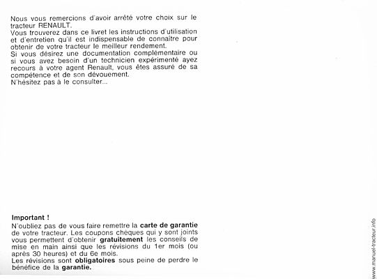 Page 1 du sommaire - Guide d'utilisation et d'entretien des tracteurs RENAULT 951 951.4