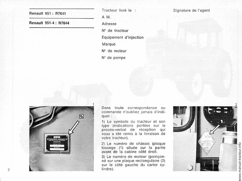 Extrait du guide de réparation - Guide d'utilisation et d'entretien des tracteurs RENAULT 951 951.4