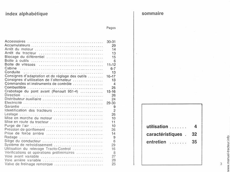 Extrait de la notice technique - Guide d'utilisation et d'entretien des tracteurs RENAULT 951 951.4