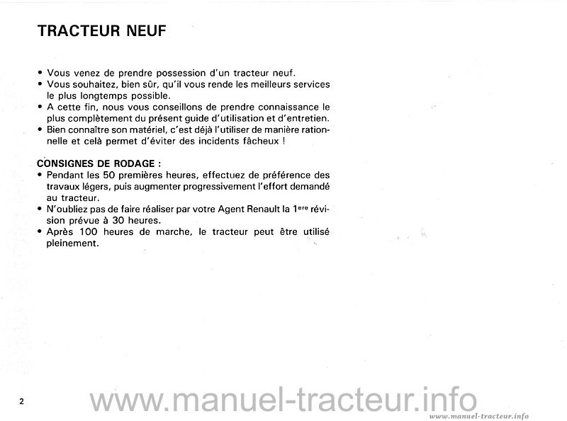 Page 2 du manuel d'atelier - Livret d'entretien et d'utilisation pour les tracteurs RENAULT 18-12 18-14 D