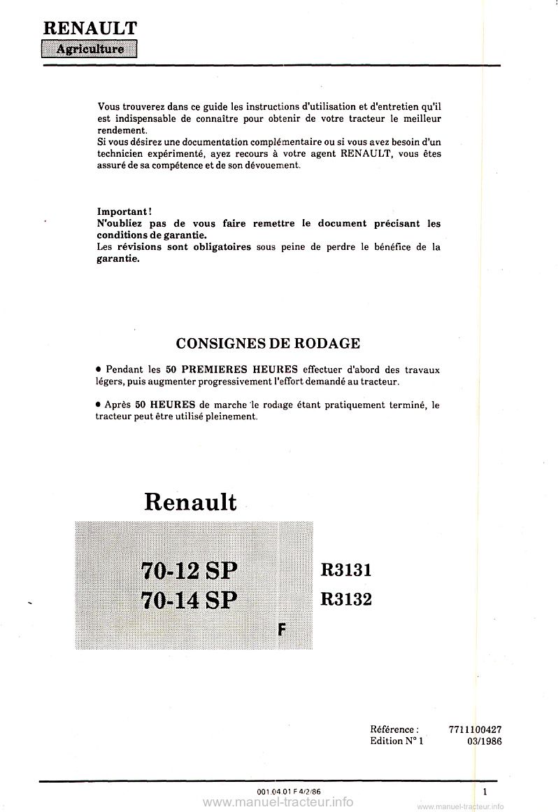 Première page du Guide instructions Renault 70-12SP 70-14SP