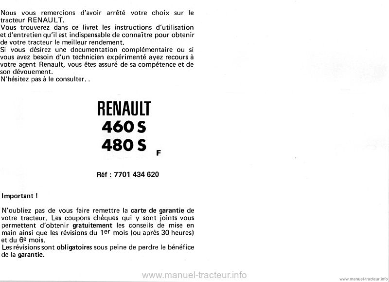 Page 1 du sommaire - Livret d'entretien Renault 460s 480s