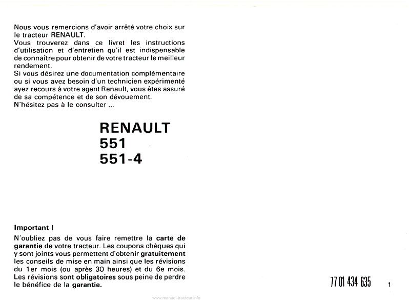 Deuxième page du Guide d'utilisation et d'entretien tracteur Renault 551-4