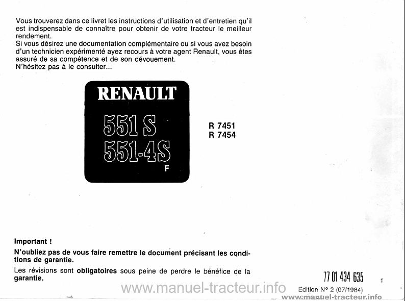 Page 1 du sommaire - Guide d'entretien Renault 551s 551-4s