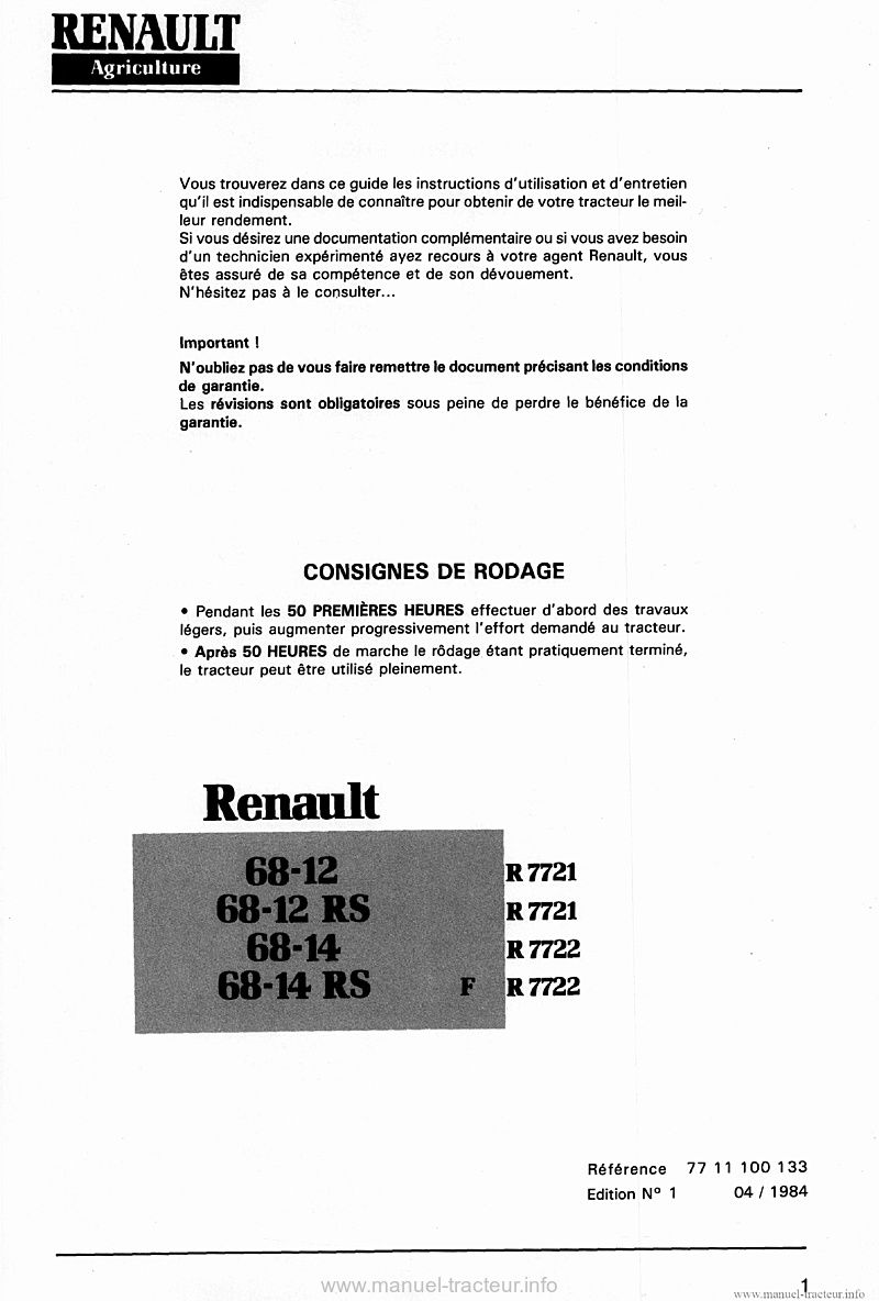 Page 1 du sommaire - Livret entretien tracteur Renault 68-12 68-14 RS