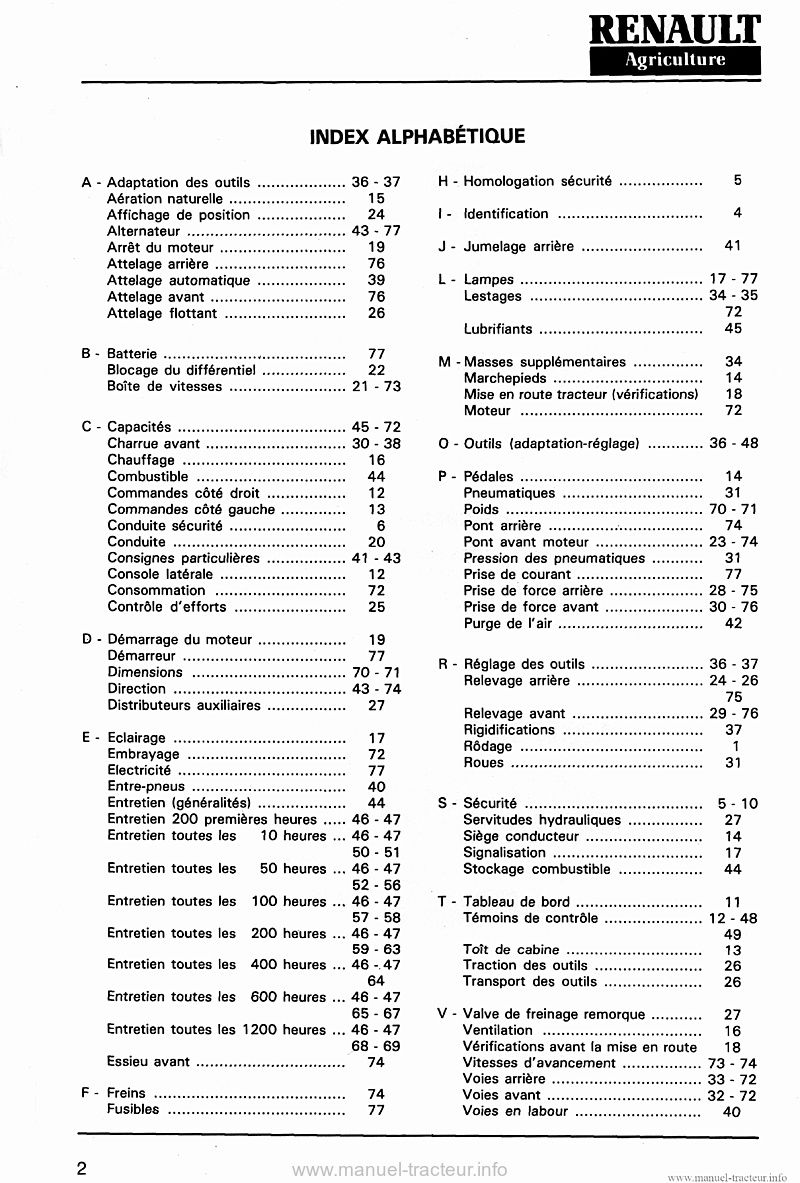Page 2 du manuel d'atelier - Livret entretien tracteur Renault 68-12 68-14 RS