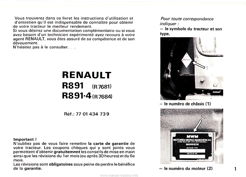 Première page du Livret d'utilisation et d'entretien tracteurs Renault 891 891-4