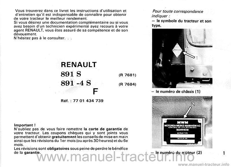 Page 1 du sommaire - Livret d'entretien Renault 891s 891.4s