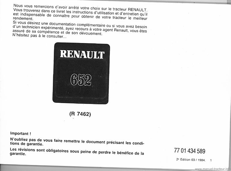 Page 1 du sommaire - Manuel d'utilisation et d'entretien pour le RENAULT 652