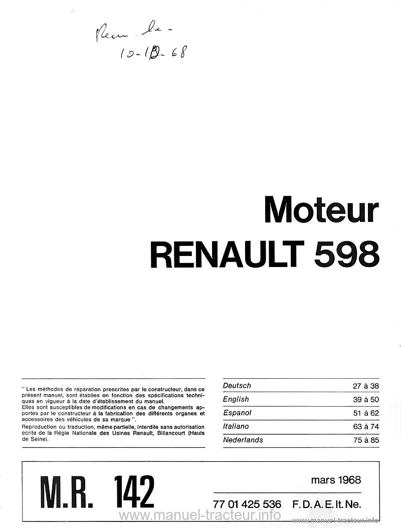 Page 1 du sommaire - Manuel de réparation moteur Renault 598 (R7261)