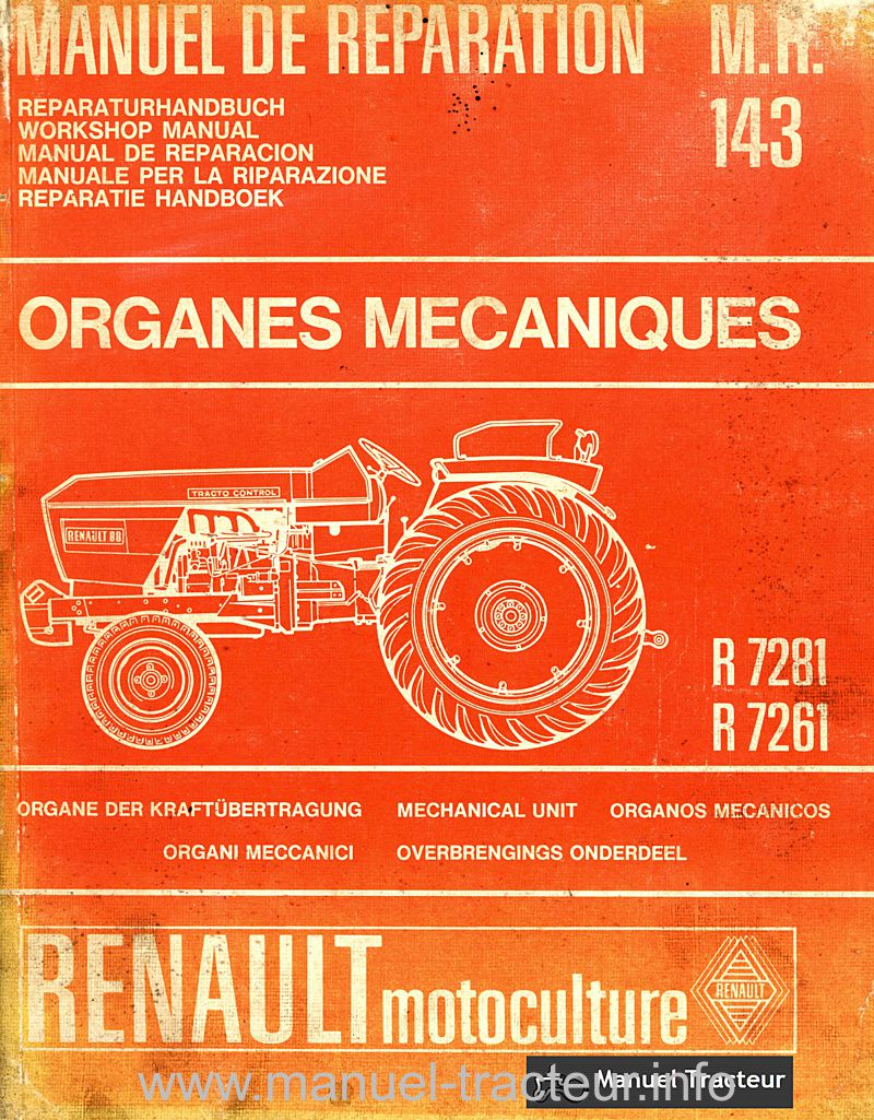 Première page de la revue technique - Manuel de réparation M.R. 143 pour les tracteurs R 7281 et R 7261