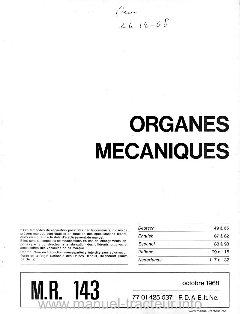 Page 1 du sommaire - Manuel de réparation M.R. 143 pour les tracteurs R 7281 et R 7261
