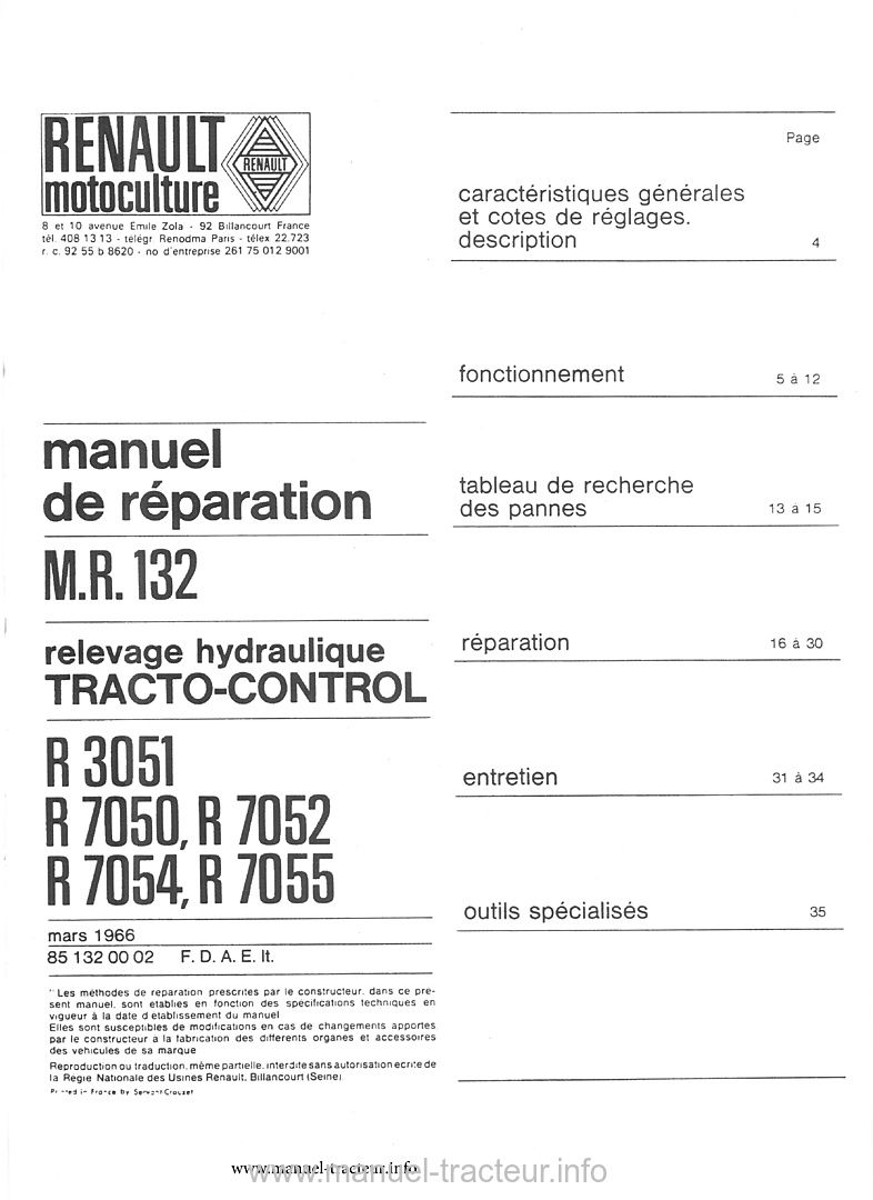 Page 1 du sommaire - Manuel de réparation Tracto-Control MR 132
