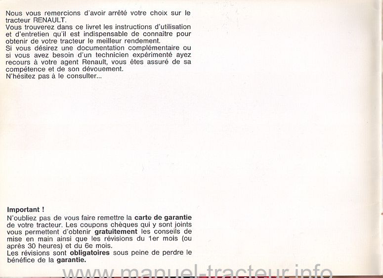 Page 1 du sommaire - Guide d'utilisation et d'entretien des tracteurs RENAULT 301, 361 et 421