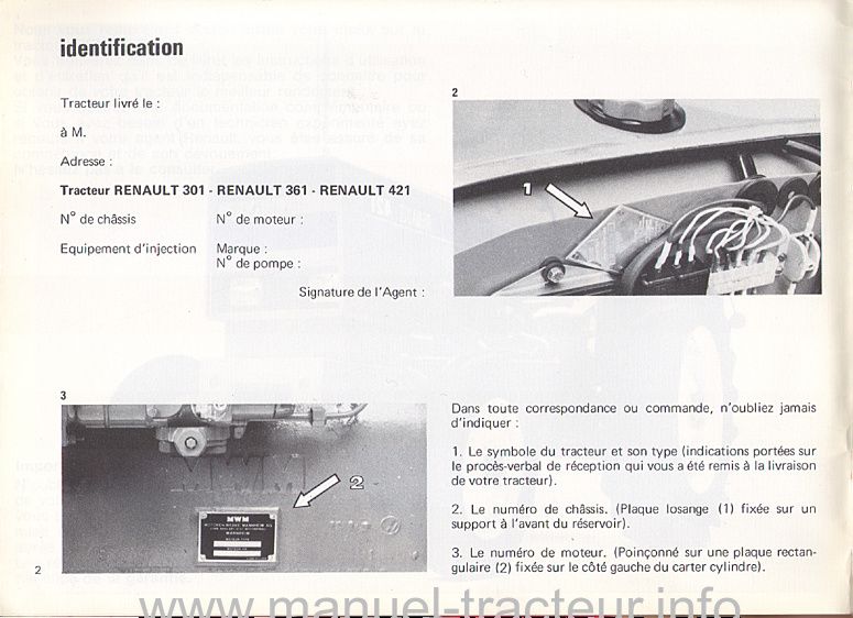 Extrait du guide de réparation - Guide d'utilisation et d'entretien des tracteurs RENAULT 301, 361 et 421