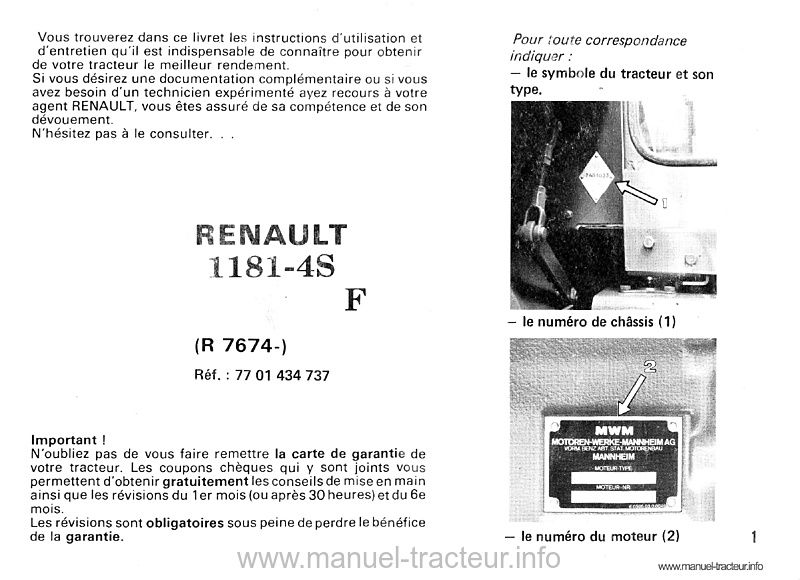 Page 1 du sommaire - Livret d'utilisation et d'entretien des tracteurs RENAULT 1181.4s