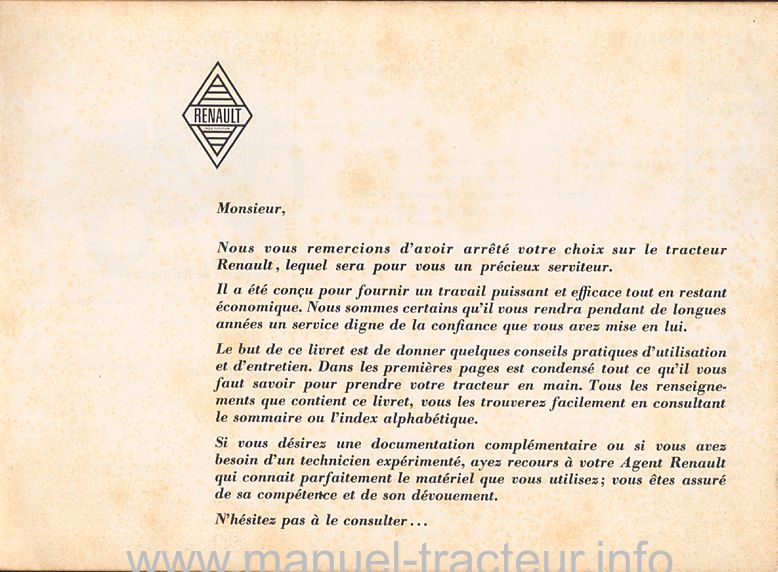 Page 1 du sommaire - Guide d'utilisation et d'entretien pour le RENAULT 96