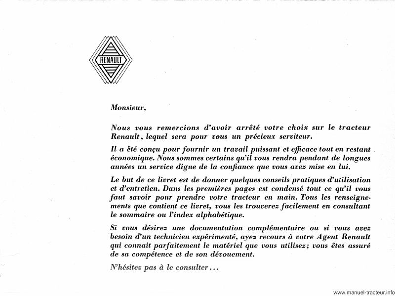 Page 1 du sommaire - Guide d'utilisation et d'entretien pour le RENAULT 55 et 57