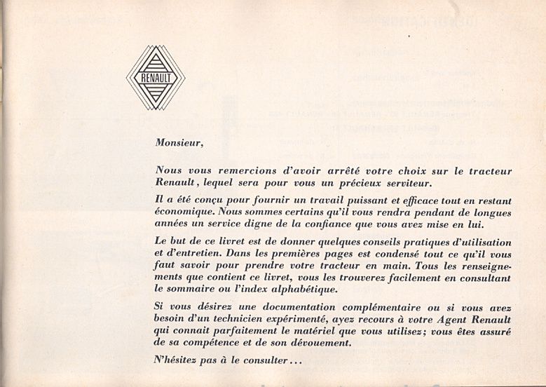 Page 1 du sommaire - Guide d'utilisation et d'entretien pour les RENAULT 53, 56, 456, 51 et 61