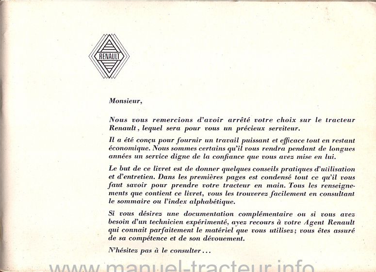 Page 1 du sommaire - Guide d'utilisation et d'entretien pour le RENAULT 50, 60, 70 et 80