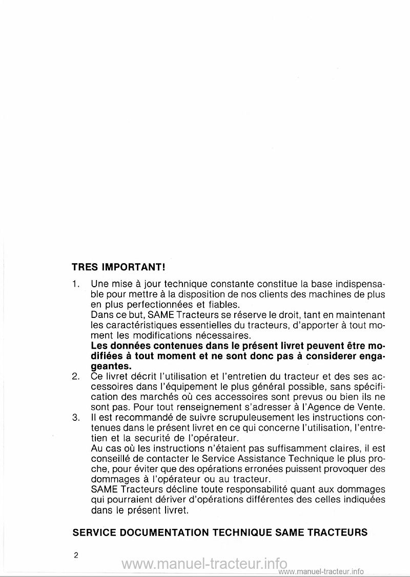 Page 2 du manuel d'atelier - Guide d'utilisation du Same Galaxy 170