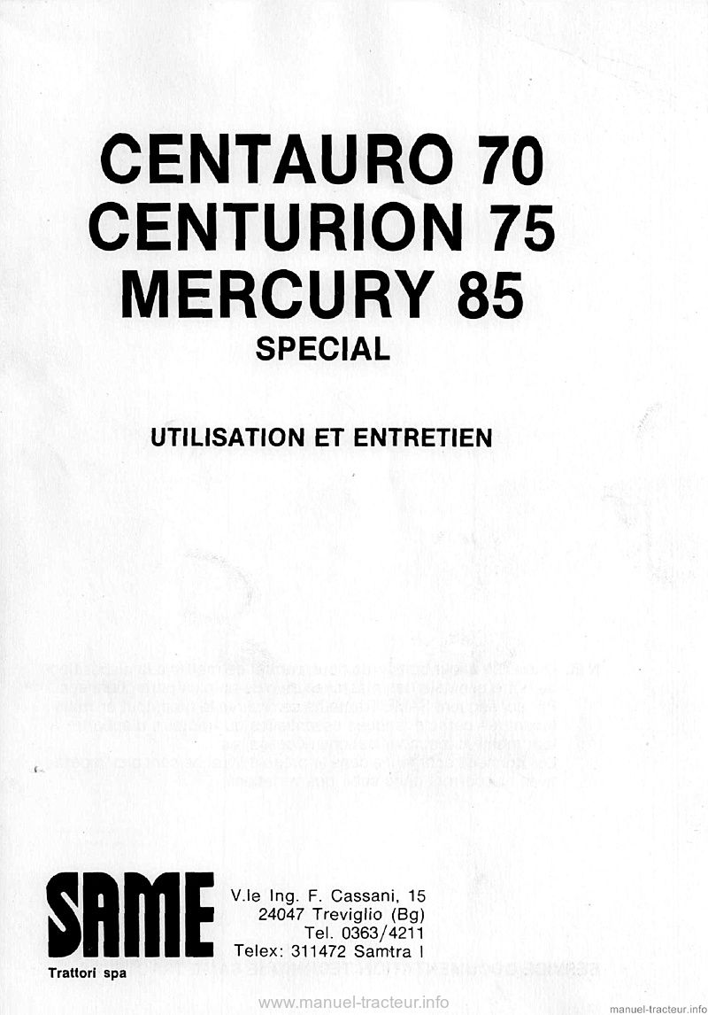 Page 1 du sommaire - Livret d'entretien Same Centauro 70 spécial, Centurion 75, Mercury 85 spécial
