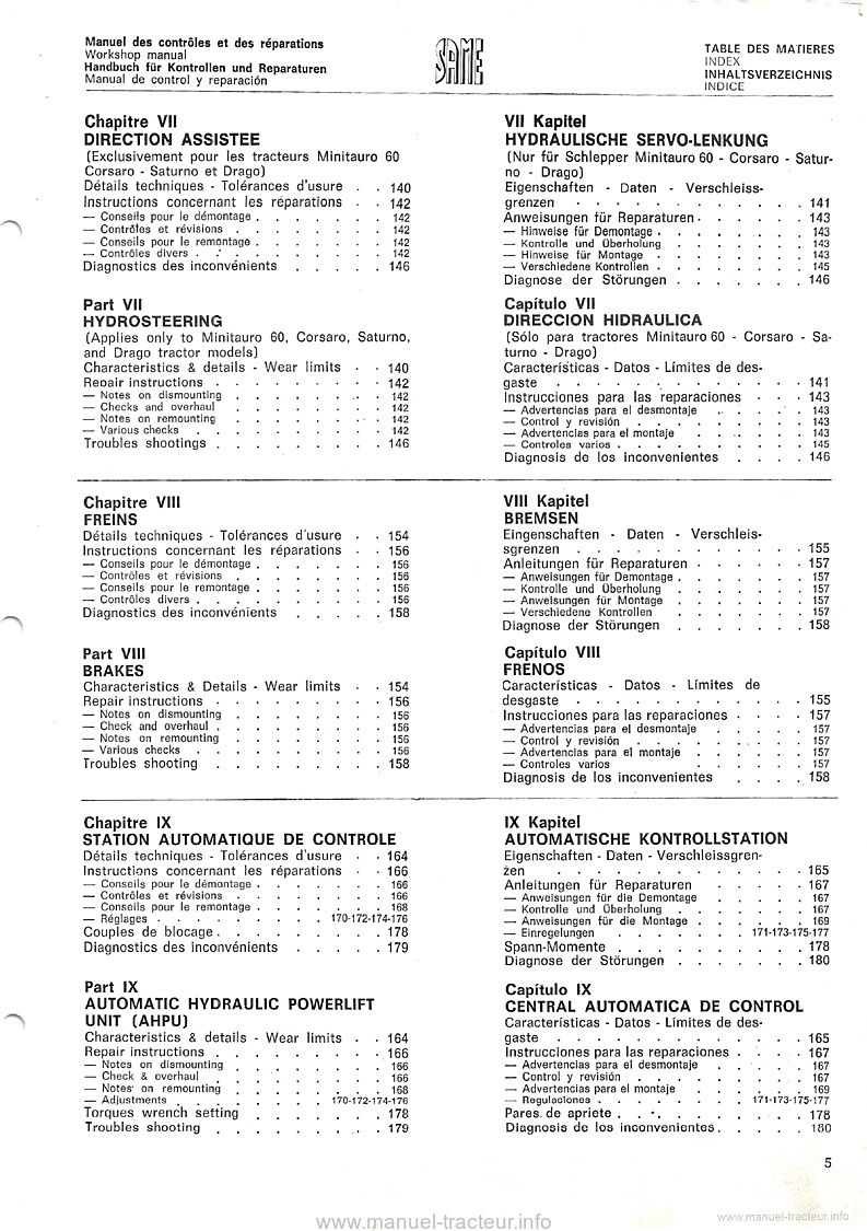 Quatrième page du Manuel de contrôle et de réparation tracteurs Same Sirenetta, Delfino 35, Aurora 45, Minitauro 60, Corsaro 70, Saturno 80, Drago