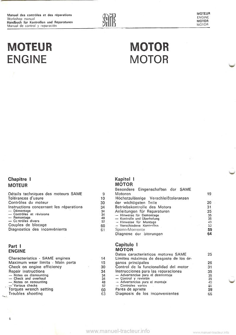 Cinquième page du Manuel de contrôle et de réparation tracteurs Same Sirenetta, Delfino 35, Aurora 45, Minitauro 60, Corsaro 70, Saturno 80, Drago