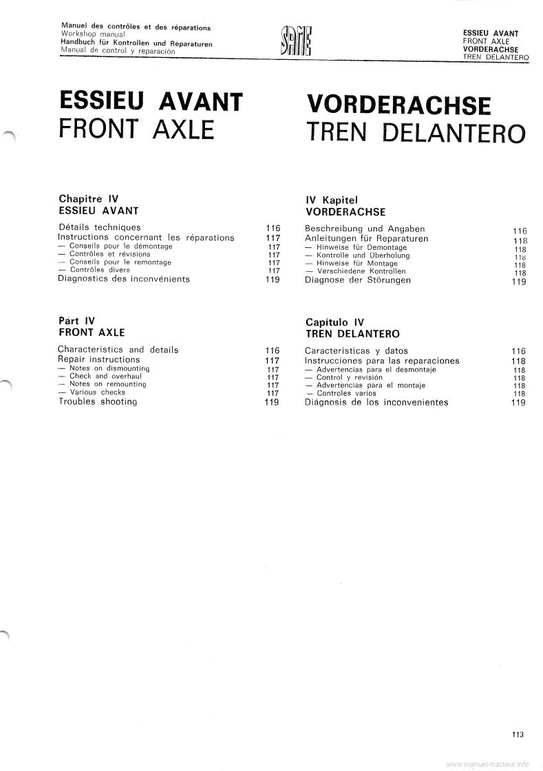Neuvième page du Manuel de contrôle et de réparation tracteurs Same Sirenetta, Delfino 35, Aurora 45, Minitauro 60, Corsaro 70, Saturno 80, Drago