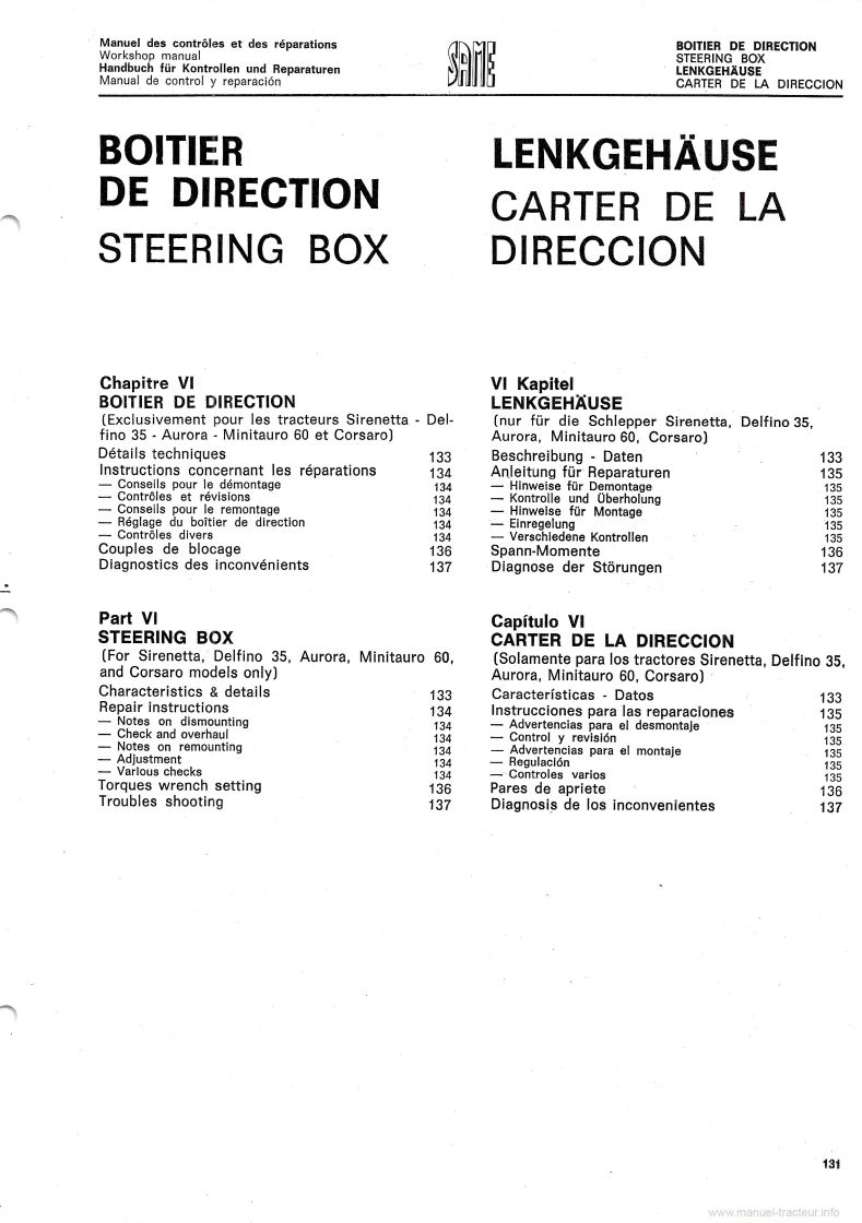 Dixième page du Manuel de contrôle et de réparation tracteurs Same Sirenetta, Delfino 35, Aurora 45, Minitauro 60, Corsaro 70, Saturno 80, Drago