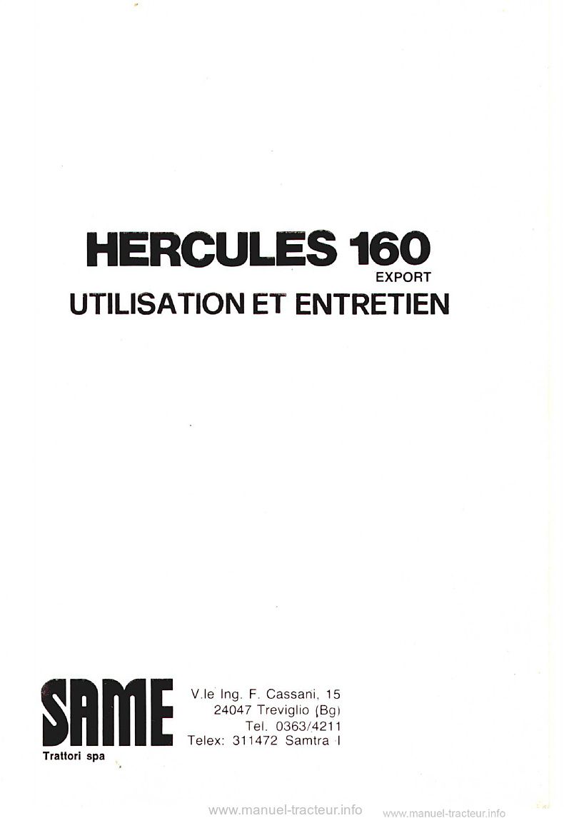 Première page du Livret entretien tracteur Same Hercules 160 Export