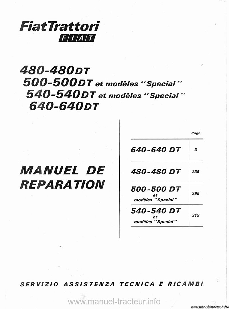 Page 1 du sommaire - Manuel de réparation tracteur Fiat 480-480DT 500-500DT 540-540DT 640-640DT