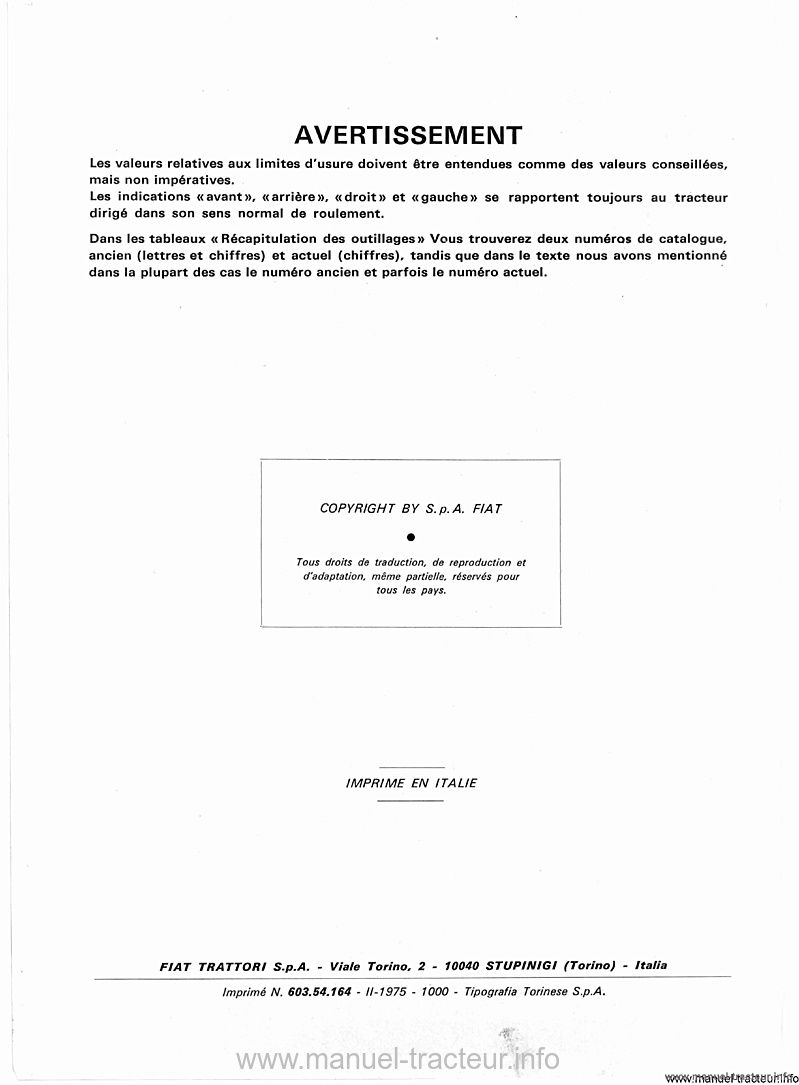 Page 2 du manuel d'atelier - Manuel de réparation tracteur Fiat 480-480DT 500-500DT 540-540DT 640-640DT