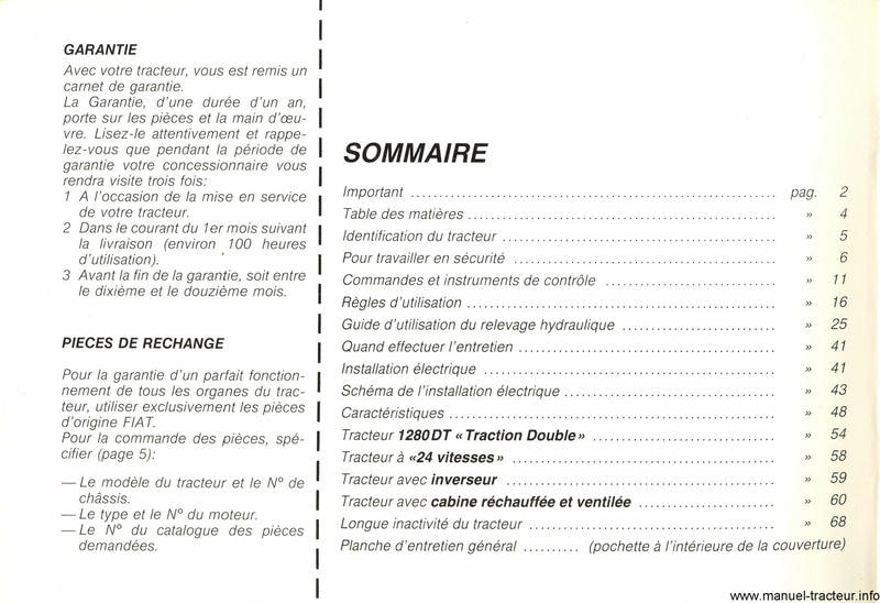 Page 1 du sommaire - Notice d'entretien tracteur Fiat Someca 1280 et 1280 DT