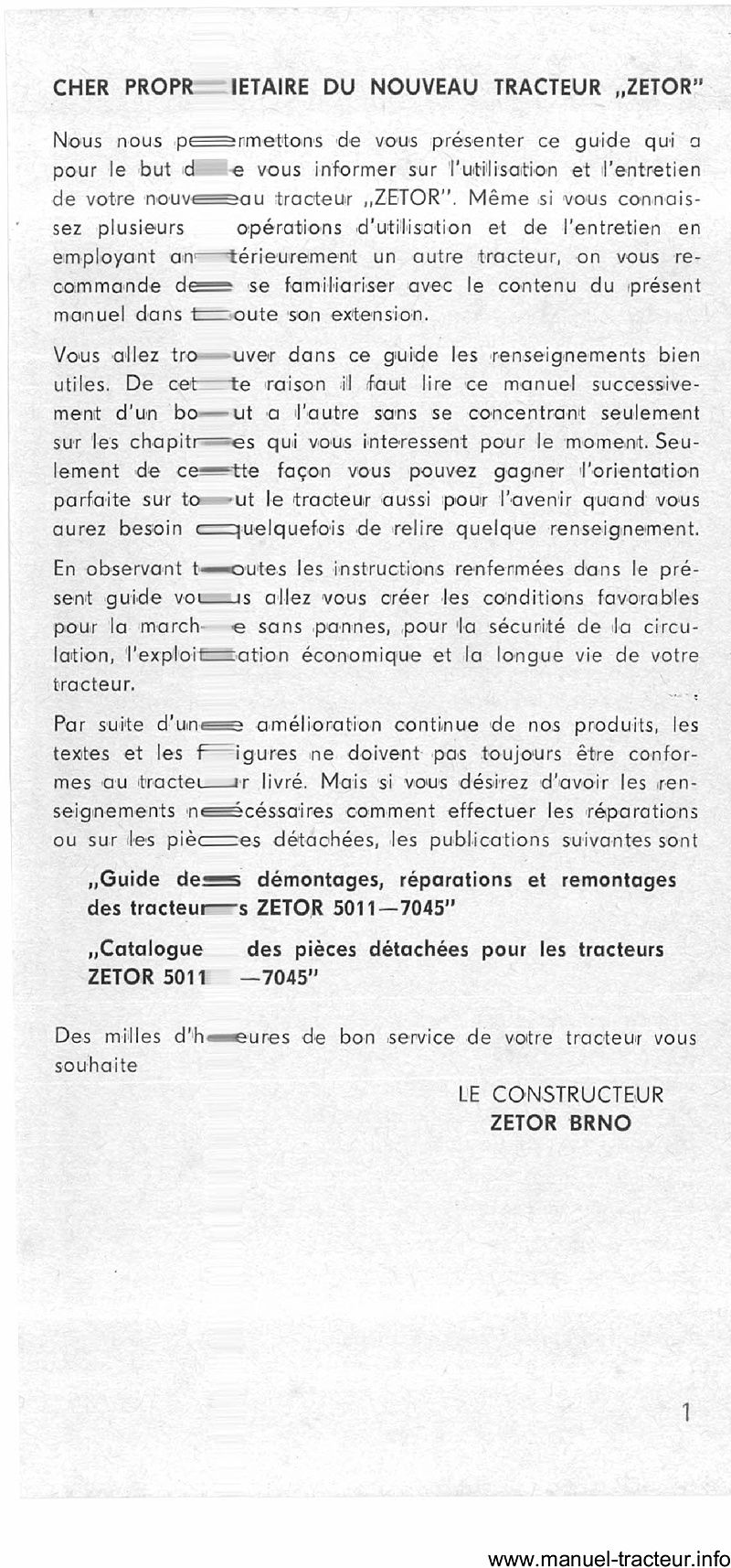 Page 1 du sommaire - Guide d'utilisation et d'entretien des tracteurs Zetor 5011 6011 6045 7011 7045