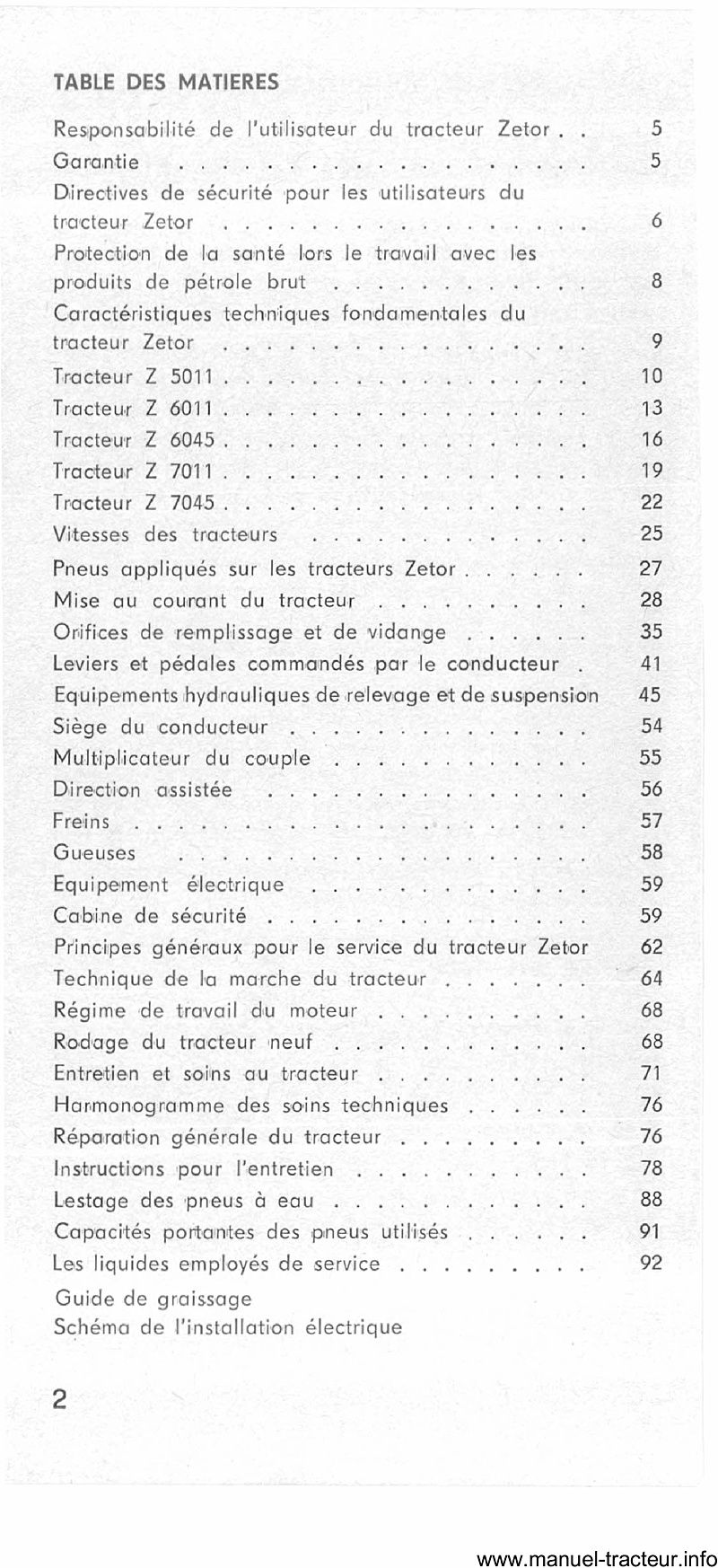 Page 2 du manuel d'atelier - Guide d'utilisation et d'entretien des tracteurs Zetor 5011 6011 6045 7011 7045