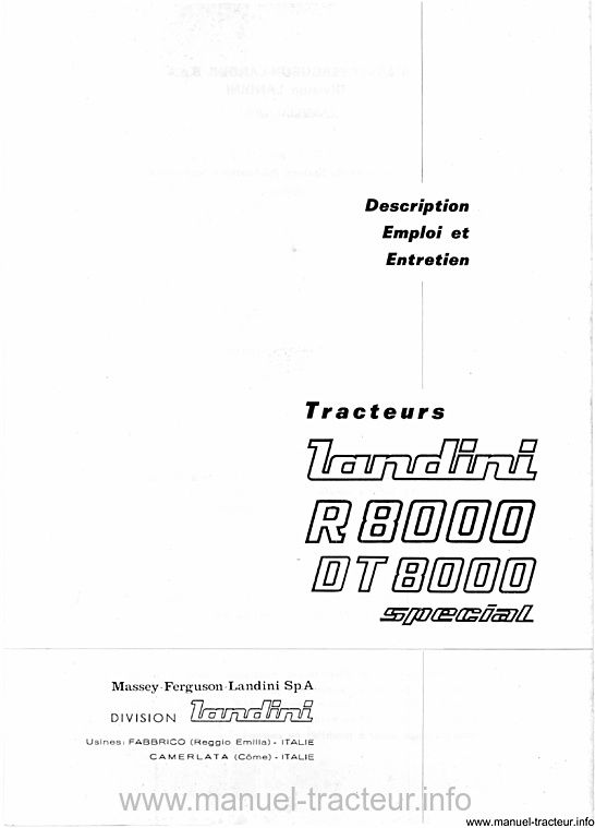 Page 1 du sommaire - Notice d'emploi et d'entretien tracteurs Landini R 8000 special