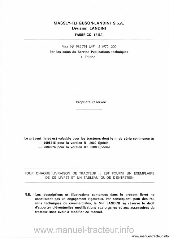 Page 2 du manuel d'atelier - Notice d'emploi et d'entretien tracteurs Landini R 8000 special